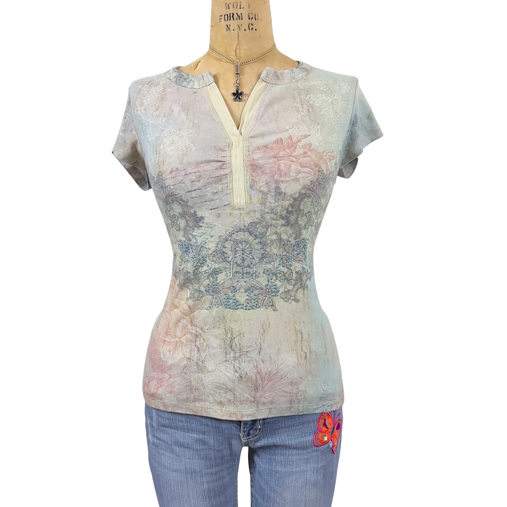Y2K Fairy Grunge Graphic Henley Tee Rhinestone Pastel Whimsical Faded Top Size M